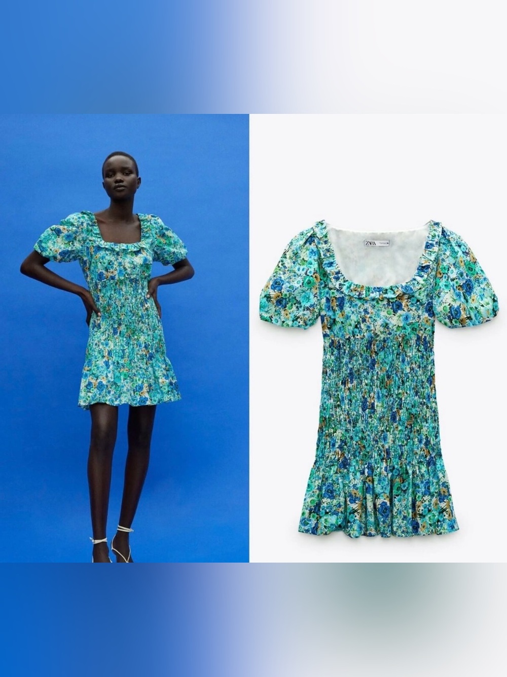 ZARA Blue-Green Floral Smocked Mini Dress with Puff Sleeves
